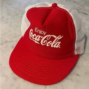 Coca Cola Mesh Trucker Hat 80s Puffy Print Vintage Red 1980s SnapBack